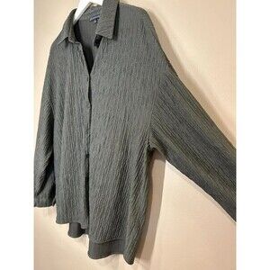 Adrianna Papell Women's XL Grey Moss Crinkle Plissé Button-Up Blouse